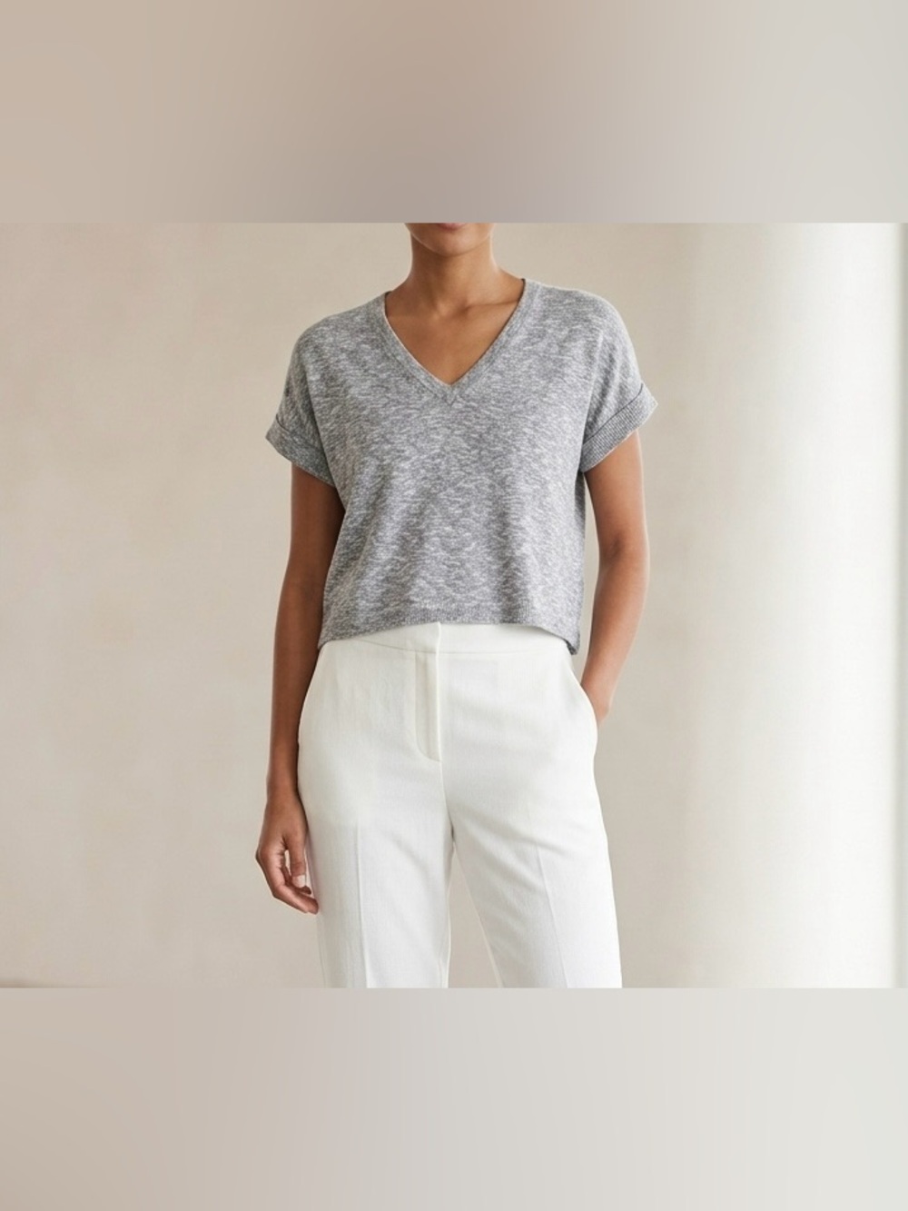 Madewell Ellendale Sweater Tee Gray Marled V-Neck Boxy Knit Short Sleeve Top S
